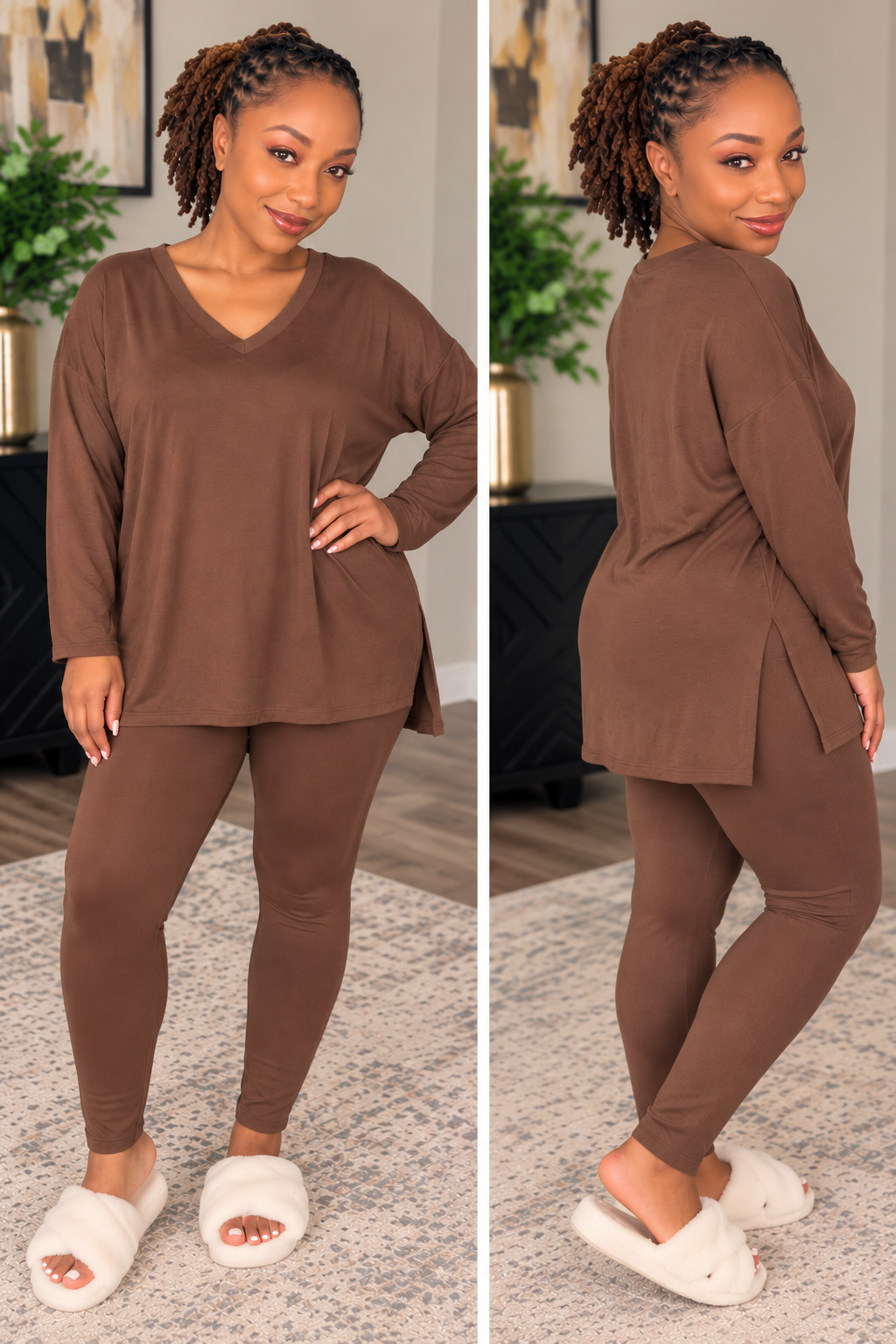 Front and back views of a brown long-sleeve V-neck top with side slits and matching fitted leggings.