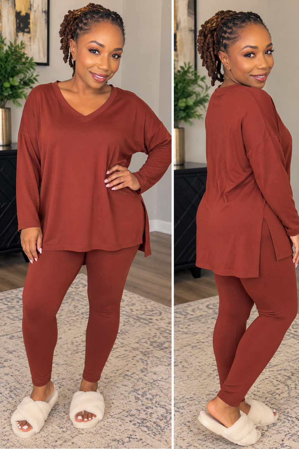 Front and back views of a rust long-sleeve V-neck top with side slits and matching fitted leggings.