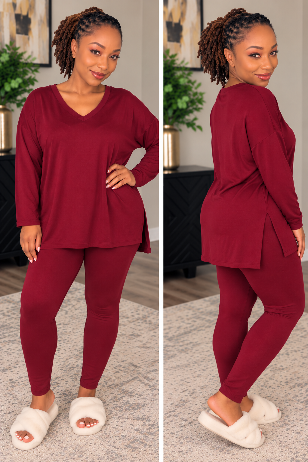 Front and back views of a burgundy two-piece set with a long-sleeve V-neck top, side slits, and matching leggings.
