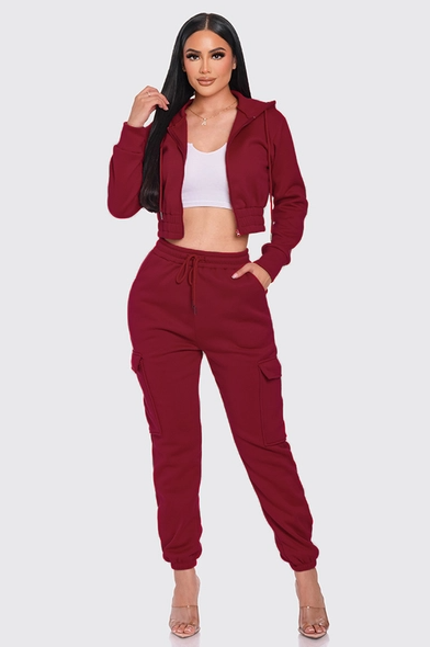 Cargo Jogger Set with Cropped Jacket Burgundy