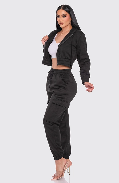 Cargo Jogger Set with Cropped Jacket Black