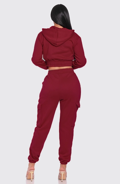 Cargo Jogger Set with Cropped Jacket Burgundy