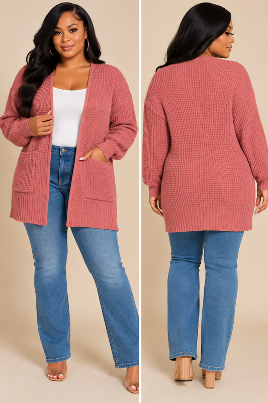 Front and back views of a dusty rose open-front knit cardigan with long sleeves, front patch pockets, and ribbed trim.